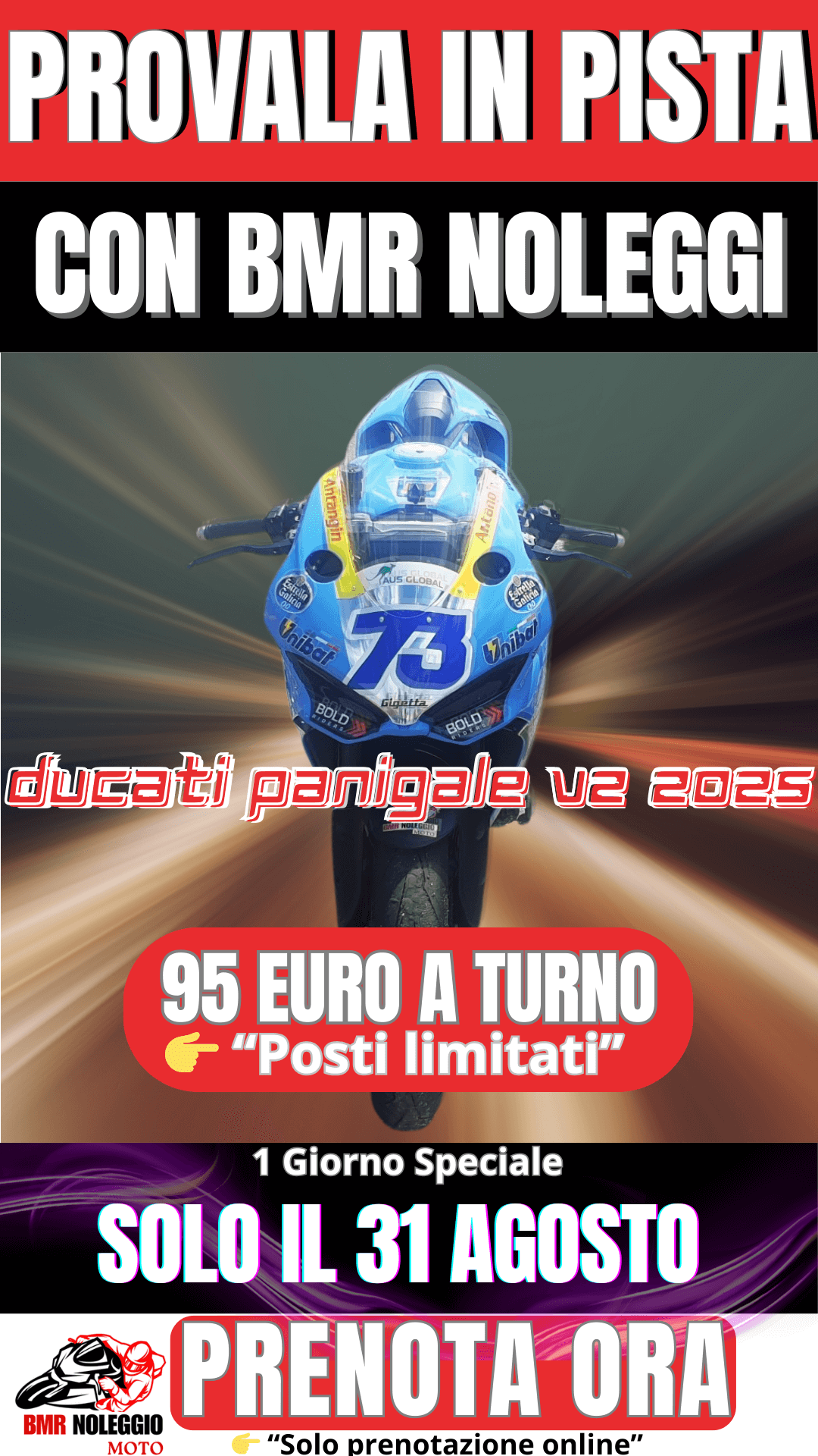 Locandina BMR Noleggi – Ducati Panigale V2 2025 in pista, offerta speciale 95 euro a turno per track day del 31 Agosto a Magione