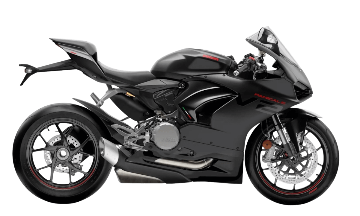 Ducati Panigale V2 2024 in versione nera, moto sportiva per noleggio pista con BMR Noleggi. Eleganza e prestazioni racing