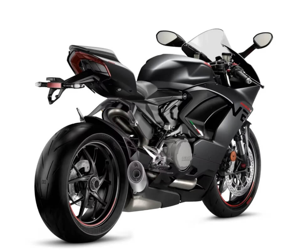 Vista posteriore Ducati Panigale V2 Black 2024, moto sportiva da pista per noleggio racing BMR Noleggi