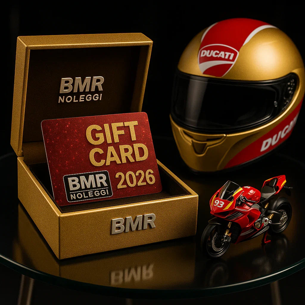 BMR Noleggi 2026 gift card in a gold box with Ducati motorcycle helmet and red Ducati model bike