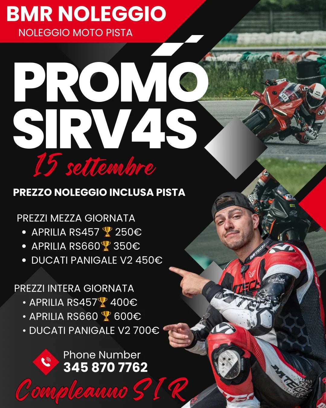 BMR Noleggi motorcycle track rental promo on September 15, prices for Aprilia RS457, RS660, Ducati Panigale V2