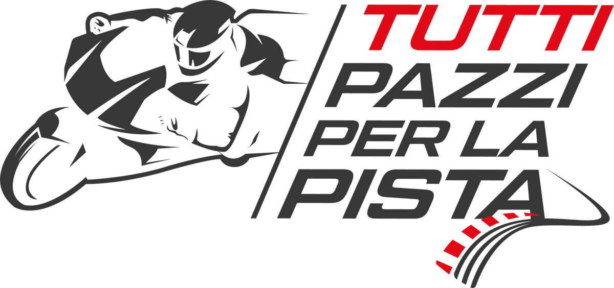 Logo with stylized motorcycle racer in black and text 'Tutti Pazzi Per La Pista' with red and black colors