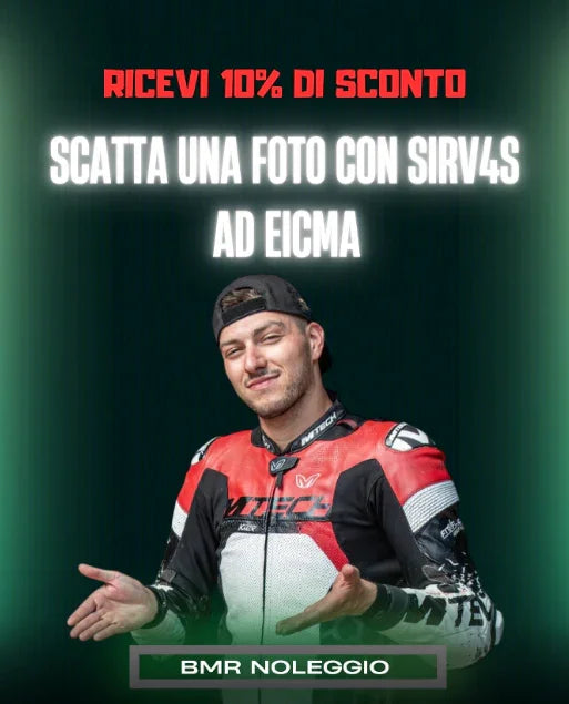 Man in red and black motorcycle gear promoting 10% discount with Sirvls photo at EICMA