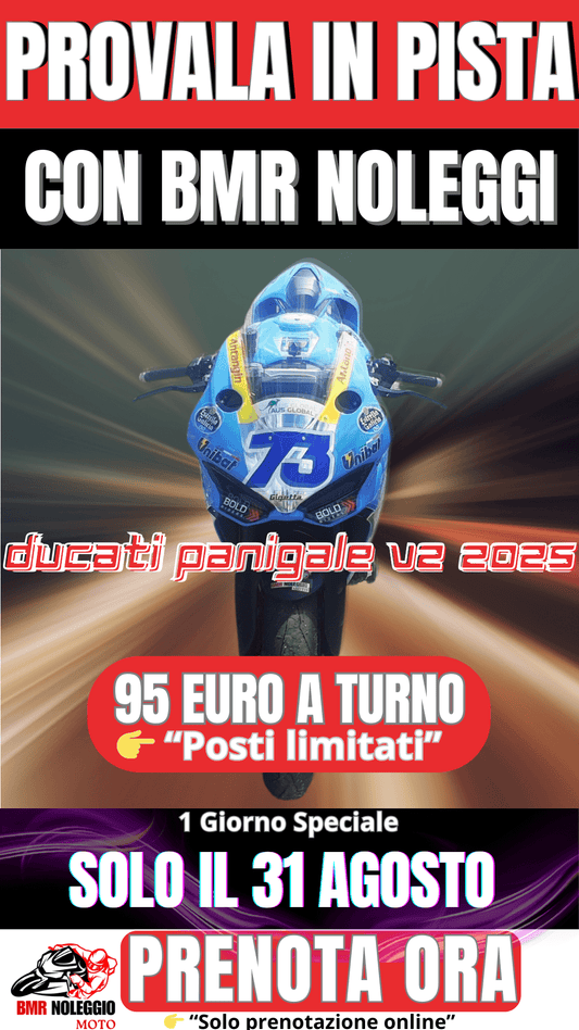 Locandina BMR Noleggi – Ducati Panigale V2 2025 in pista, offerta speciale 95 euro a turno per track day del 31 Agosto a Magione